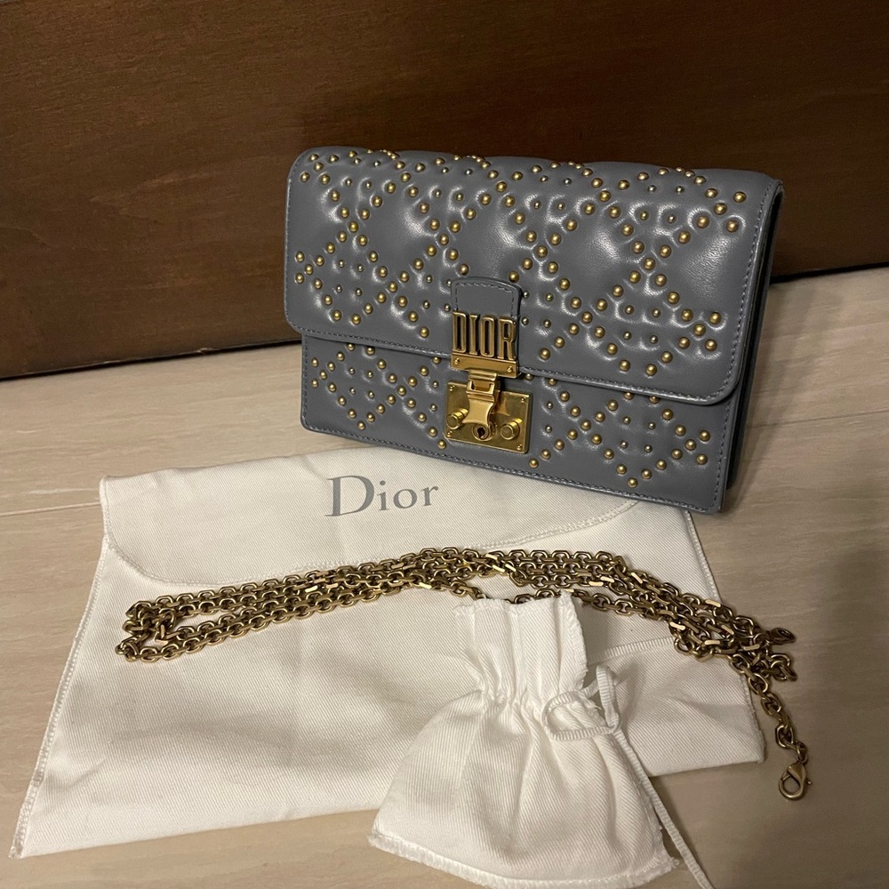 Dior Blue Gray and Gold Clutch with Chain Strap
